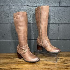 Born Tall Leather Boots Brown Riding Buckle Stacked Heel Size 8.5